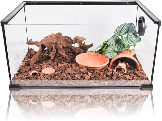 2Pcs Terracotta Reptile Hide and Feeding Bowl Set, Terra Cotta Clay Hideout and Food Water Feeder Dish for Lizard Leopard Gecko Hermit Crab Terrarium Tank Accessories