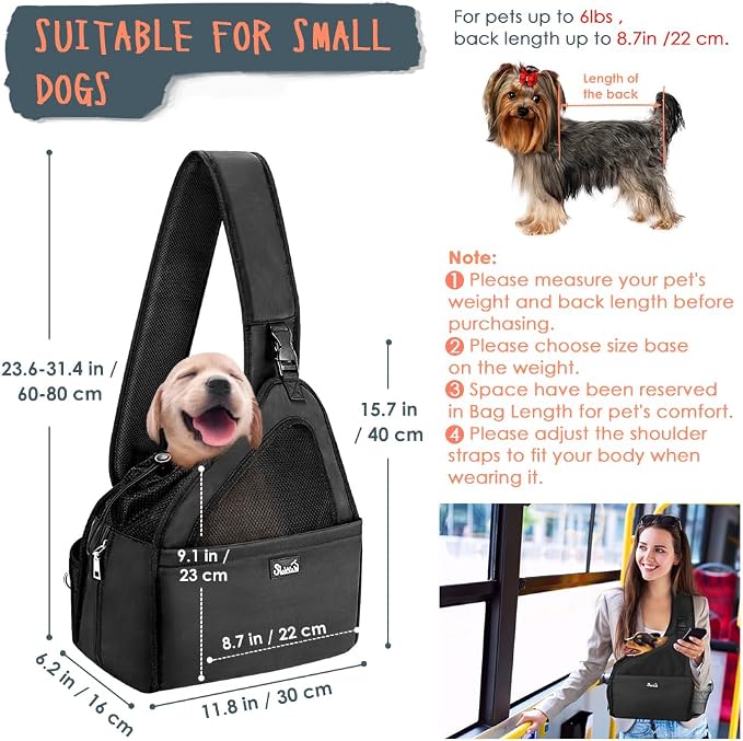 SlowTon Dog Sling Carrier, Hands Free Hard Bottom for Small Dogs up to 6 lb | Breathable Mesh Support, Adjustable Padded Strap, with Pocket Safety Belt, Machine Washable, for Small Animal Puppy, Black