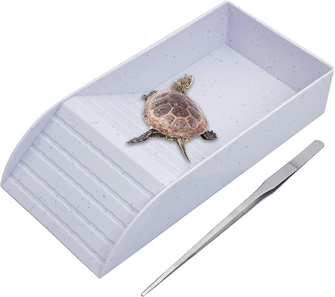 kathson Tortoise Water Dish with Ramp and Basking Platform, Reptile Water Bowl Turtle Soaking Tub Hermit Crab Bathing Pool for Amphibians Habitat Accessories (White)