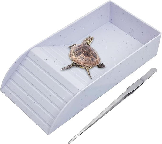 kathson Tortoise Water Dish with Ramp and Basking Platform, Reptile Water Bowl Turtle Soaking Tub Hermit Crab Bathing Pool for Amphibians Habitat Accessories (White)