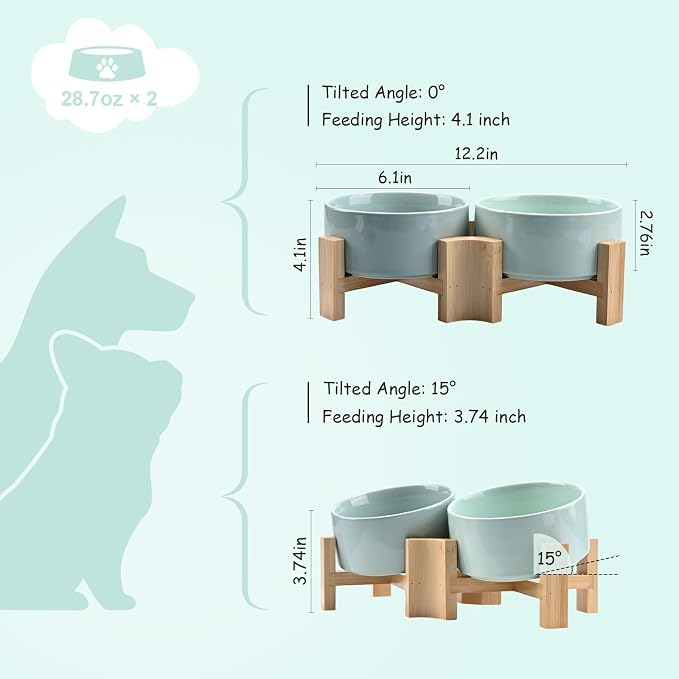 SPUNKYJUNKY 15° Slanted Ceramic Dog and Cat Bowl with Wooden Stand, Tilted Bulldog Food and Water Bowl No Slip Non-Spill for Cats Medium Dogs Big Face Pets 28.7 OZ (3.6 Cups, Morandi Green × 2)