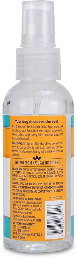 Arm & Hammer for Pets Dog Oral Care Spray, Mint Flavor Breath Freshener & Teeth Cleaning, Baking Soda Enhanced Plaque & Tartar Support, Easy Brushless Dental Care for Adult Dogs, 4 Fl Oz - 2 Pack