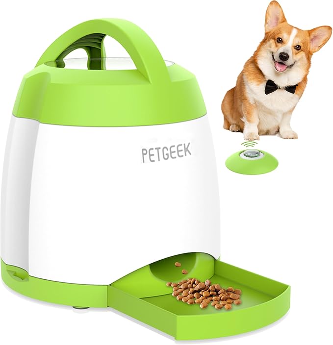 PETGEEK Dog Food Dispenser Toy, Interactive Pet Toys Treat Dispensing for IQ Training, Automatic Dog Treat Dispenser with Button Remote Push, Dual Power Supply for Indoor Outdoor Use, Green Color | Automatic Food Dispenser, Dual Power Supply, Remote Bu...