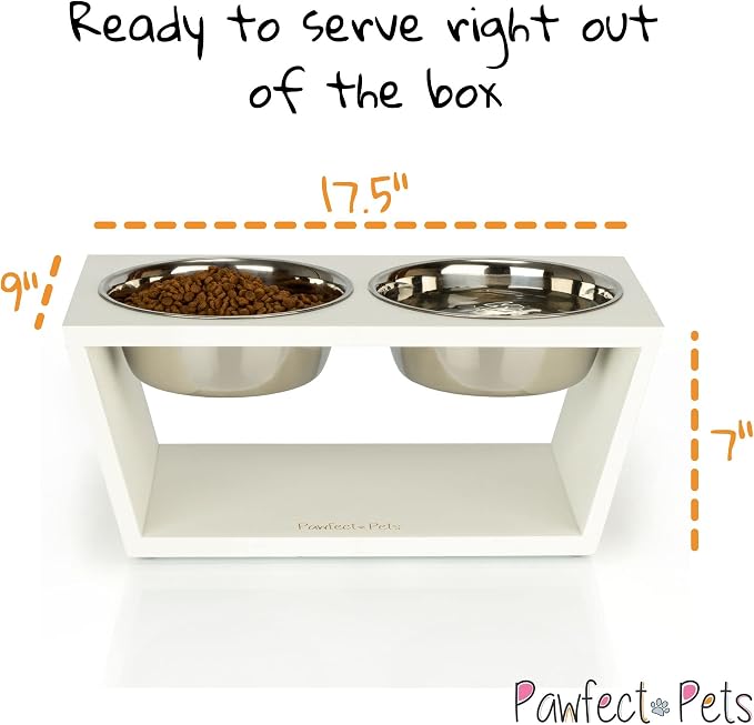 Elevated Dog Bowl Stand- 7" Raised Dog Bowl for Medium Dogs. Pet Feeder with Four Stainless Steel Bowls (White)