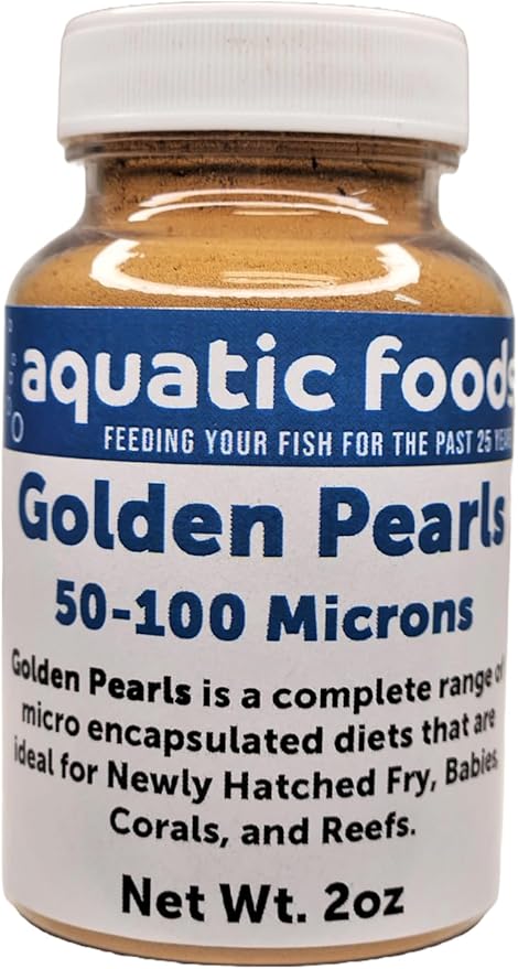 Aquatic Foods Inc. Golden Pearls 50-100 Micron Powder Newly Hatched Fry, Babies of Shrimp, Axolotls, Discus, Cichlids, Catfish, Tetras, Angel Fish, Guppies, Bettas, Goldfish, Corals, Reefs…2oz Bottle