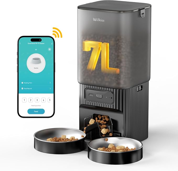 7L Automatic Cat Feeder 2 Cats, 5G WiFi Dog Food Dispenser with APP Control | APP Control, Dual Power Supply, Up to 12 Meals Per Day, 10s Voice Recorder, 2 Stainless Steel Bowls