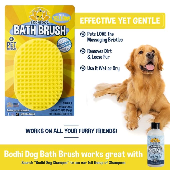 Bodhi Dog Shampoo Brush - Pet Grooming & Bath Supplies for Dogs and Cats - Bath Brush for Long & Short Hair - Premium Scrubber for Shower, Showerhead, Sprayer & Bathing (One Pack, Yellow)