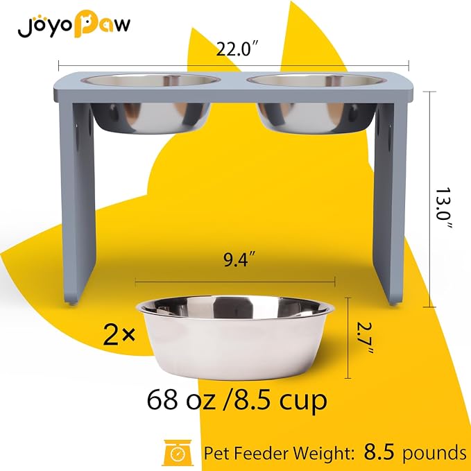 Elevated Dog Bowls, Bamboo Raised Dog Bowl for Large Dogs, with 2 Stainless Steel Bowls (13'' Tall-68oz Bowl, Grey)