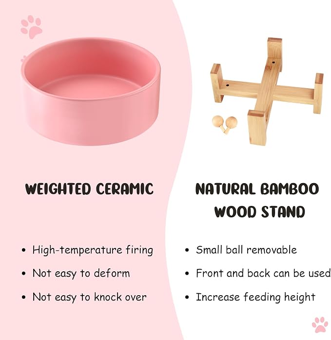 SPUNKYJUNKY 15° Slanted Ceramic Dog and Cat Bowl with Wooden Stand, Tilted Bulldog Food and Water Bowl No Slip Non-Spill for Cats Medium Dogs Big Face Pets 28.7 OZ (3.6 Cups,Pink)