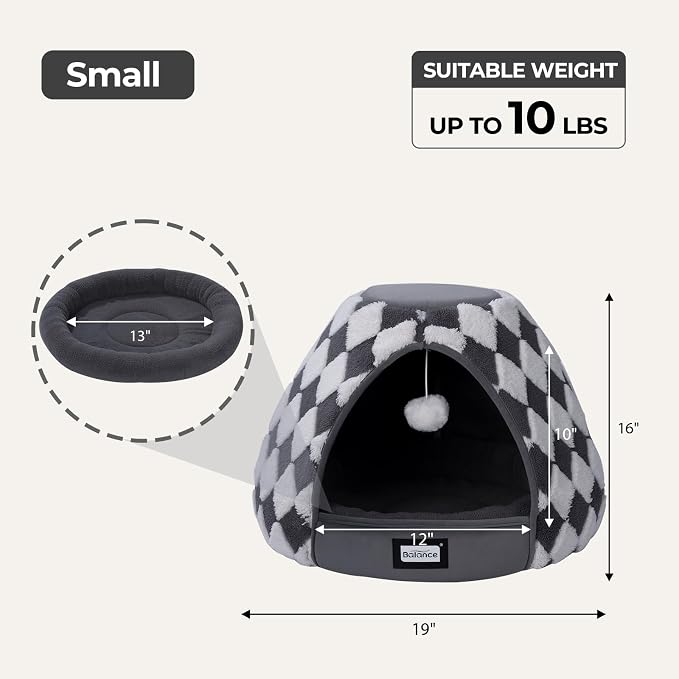 BALANCE Cat Beds for Indoor Cats, 2-in-1 Cat Bed Cave with Anti-Slip Bottom and Ultra-Soft Plush, Cozy Cats House Tent for Kittens and Small Dogs, 19 Inches, Dark Grey