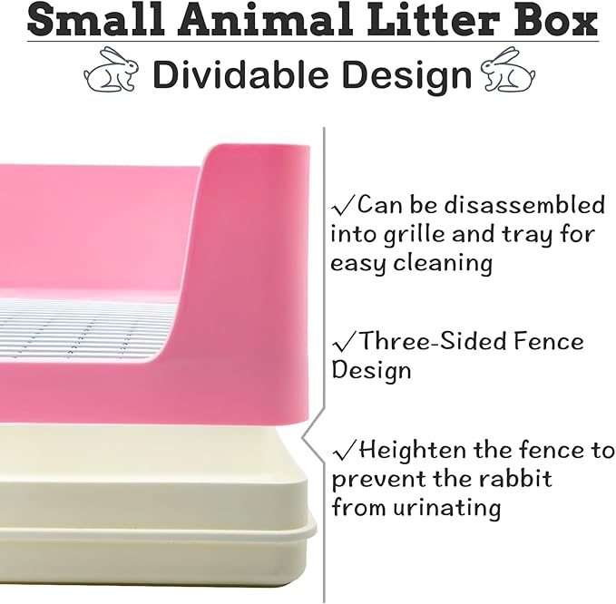 VCEPJH Extra Large Bunny Litter Box for Cage, Plastic Rabbit Litter Pan with Metal Grate Small Animal Toilet Corner Pet Potty Tray for Adult Guinea Pigs Ferrets Chinchillas (Pink)