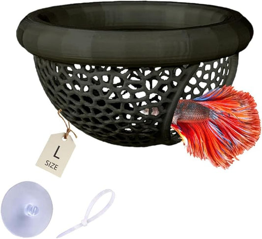 Floating Betta Hammock with Suction Cup, Shrimp Cave, Betta Fish Feeding Rings,3D Printed Aquarium Decor (Black, Large)