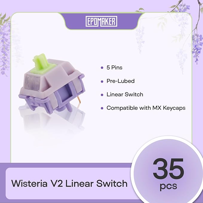 EPOMAKER Gaming Keyboard Switches, 35 PCS, Linear/Tactile Switch, 5-Pin Pre-Lubed Switch, Creamy Switches, Compatible with MX Keycaps for Mechanical Keyboard (Wisteria V2, Linear)