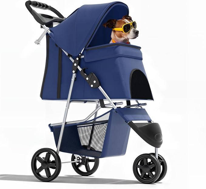 Magshion 3-Wheel Pet Stroller for Small/Medium Dogs Cats, Up to 33lbs, Navy | Foldable Travel Jogger w/ Breathable Mesh Cover, Lightweight Design, Safety Tethers, Cup Holder & Storage Basket