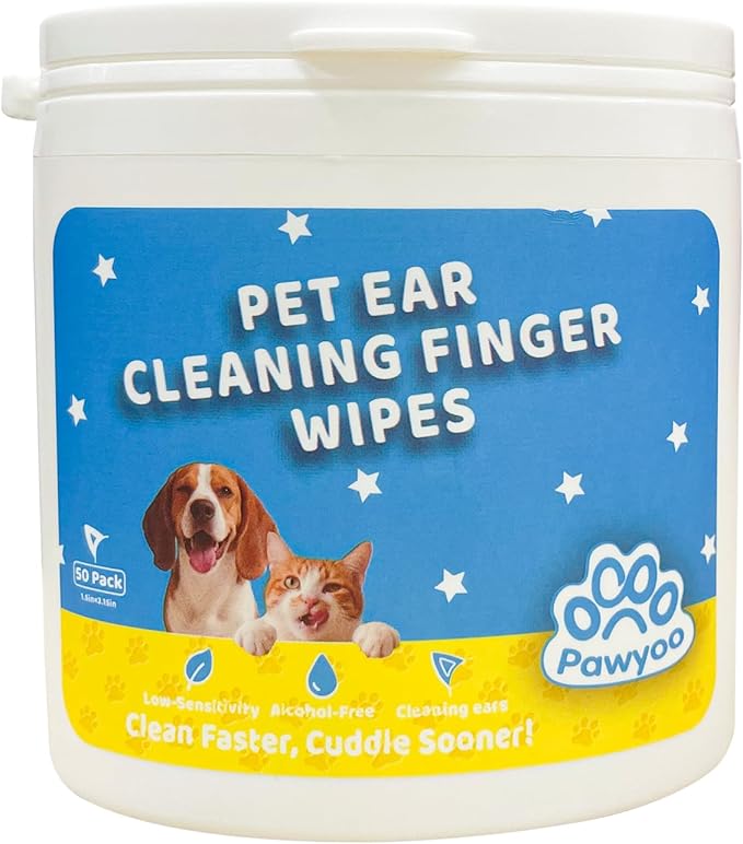 Cats Dogs Ear Cleaning Finger Wipes - 50 PCS Pet Ear Care Wipes for Cats and Dogs - Gentle Ear Dirt Remover and Odor Control - Easy to Use Finger Wipes for Daily Ear Clean (CY_EarWipes)