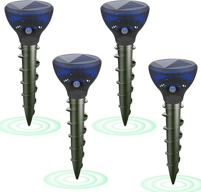 2026 Upgraded Solar Mole & Gopher Repellent 4 Pack, IP65 Waterproof Ultrasonic Vibration Stakes, Snake Skunk Vole Groundhog Deterrent to Protect Yard, Lawn & Garden