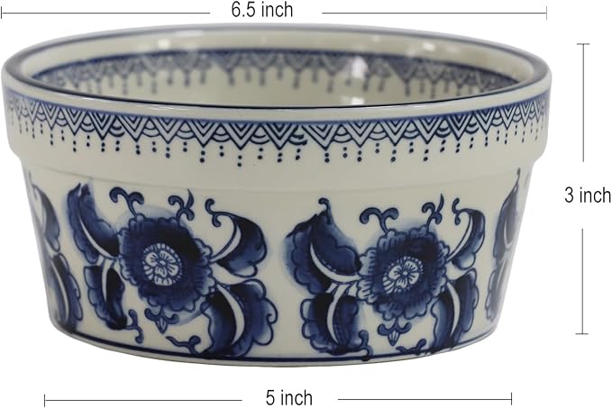 Handpainted Blue & White Vintage Porcelaine Dog Bowls, Anti-Slip Heavy Ceramic Dog Pets Feeding Food Water Bowls Dish, 27OZ for Medium Large Dogs and Cats,Dishwasher and Microwave Safe-6.5"