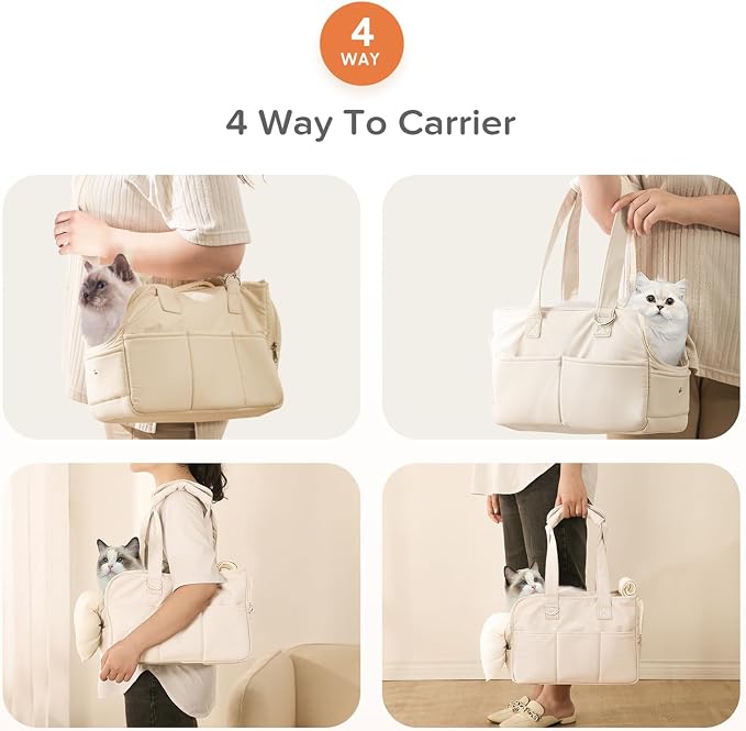 JourCraf Dog Purse Carrier for Small Dogs & Puppies Up 10 Lbs, Soft Cotton Tote Pet Shoulder Bag with Pockets, Foldable & Washable Breathable Puppy Carrier for Yorkie, Chihuahua & Cats - Beige