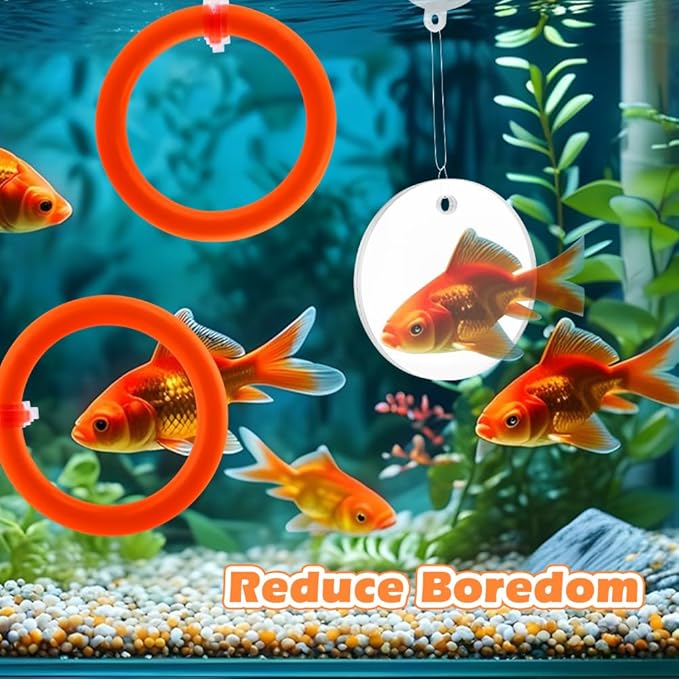 2pcs Bettas Fish Enrichment Toys Ring, with Mirror/Floating Ball, Exercise Floating Mirrors and Training Ring for Fish Tank, Aquarium Feeding Rings Accessories (Orange)