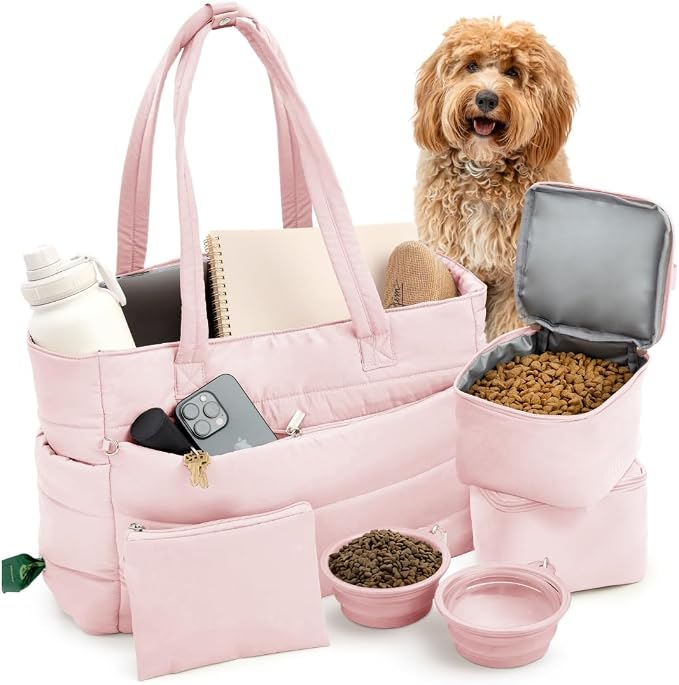 Puffer Dog Travel Bag for Dog Moms, Diaper Bag with Travel Bowls | 2 BPA-Free Collapsible Bowls, 2 Pet Food Containers, 9 Pockets, Everyday Puffer Bag Works With or Without Your Dog, Soft Pink