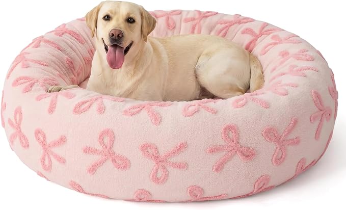 JOEJOY Jacquard Donut Round Dog Beds Large Sized Dog,Pink 36x36x8in, Removable Washable Cover, Cute Pattern, Ultra Soft Fluffy Calming Pet Bed with Thick Supportive Bolster
