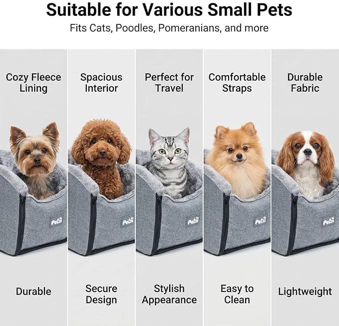 Pet Car Center Console Elevated Armrest Car Seat for Small Puppy, Dogs & Cats (Up to 10 lbs) – Dark Gray Washable Plush Carrier with Safety Leash, Fits Front Vehicle Console Space (Grey)
