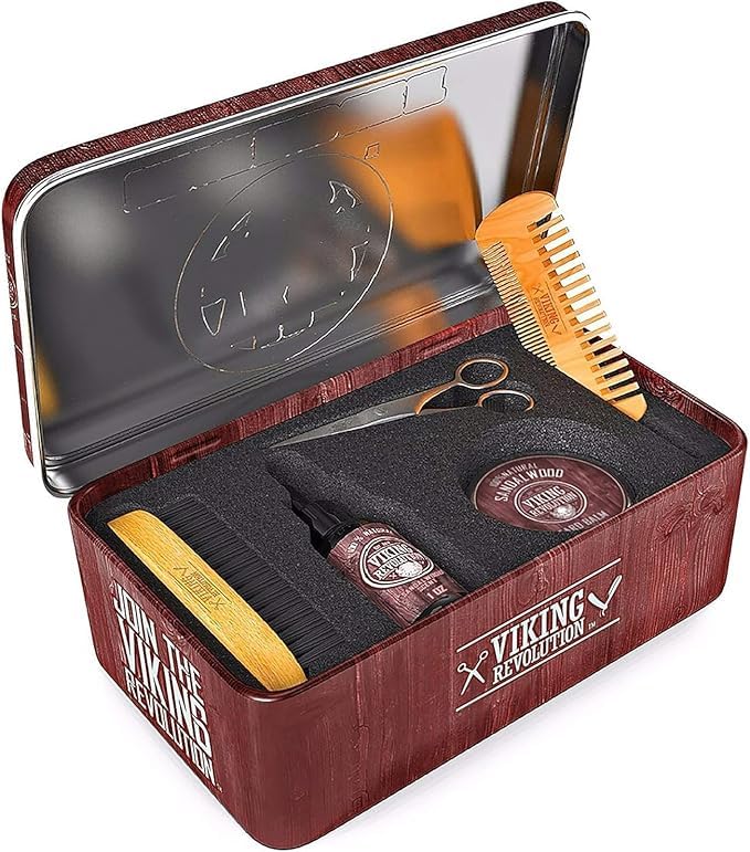 Viking Revolution Ultimate Grooming Kit for Men - Boar Brush, Wood Comb, Sandalwood Balm & Oil, Scissors for Beard & Mustache (Pack of 2)