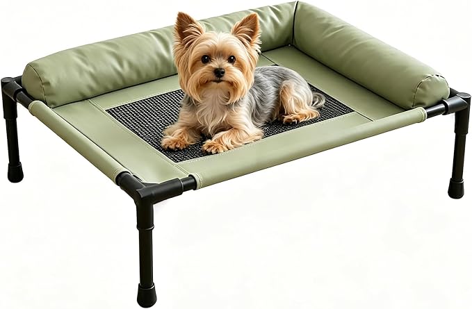 Raised Dog Beds for Small Dogs, Cooling Indoor Outdoor Elevated Bolster Dog Cot Hammock with Metal Frame Breathable Mesh, Portable Dog Sofa Camping Dog Bed (Green, 23.62 * 15.75 * 5.91)