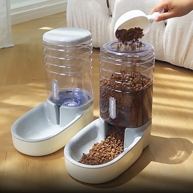 Distributeur automatique de nourriture et d'eau Meikuler pour chiens et chats, ensemble distributeur d'eau et de nourriture par gravité pour chiens et chats de petite et moyenne taille, chiots, grande capacité 3,8 litres x 2 (Gris)