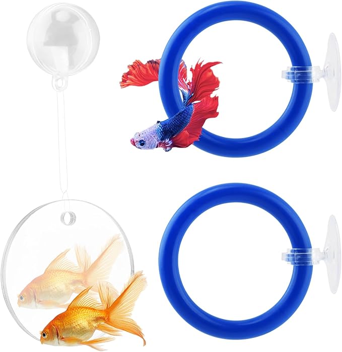 2pcs Bettas Fish Enrichment Toys Ring, with Mirror/Floating Ball, Exercise Floating Mirrors and Training Ring for Fish Tank, Aquarium Feeding Rings Accessories