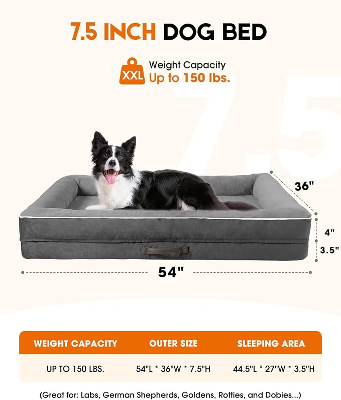 Upvilla Orthopedic Dog Bed XXL, Four-Sided Dog Sofa, Washable Cover, Gray | Removable Waterproof Dog Bed Cover, Egg-Crate Orthopedic Foam, Built-In Carry Handle, Indoor Large Pet Beds, Cat Beds