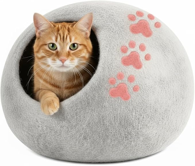 Luxurious Merino Wool Cat Cave - Foldable Hideaway Pod for Indoor Cats - Premium Felt Kitten Pet Enclosure - Covered Cat House for Ultimate Cozy Comfort by Woolygon (Paw)
