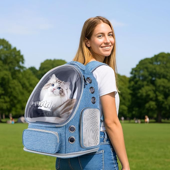 Cat Backpack Carrier Clear Bubble Window for Cats & Small Dogs up to 15 lb | Large Space Breathable Foldable Pet Carrier Airline Approved, Mesh Entry Safety Tether Washable Pad, Travel Hiking Outdoor