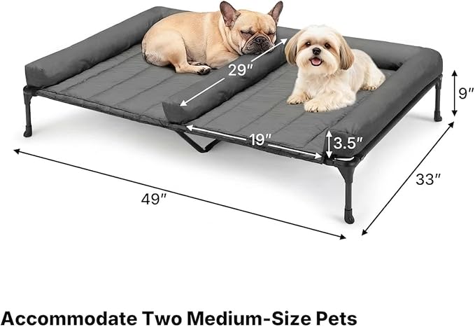 Veehoo Elevated Dog Bed for 2 Dogs, Cooling Raised Dog Bed with Bolster Mat | Outdoor Double Dog Bed with Removable Waterproof Cushion, Breathable Mesh, Non-Slip Feet for Outdoor & Indoor, 49", Bicolor