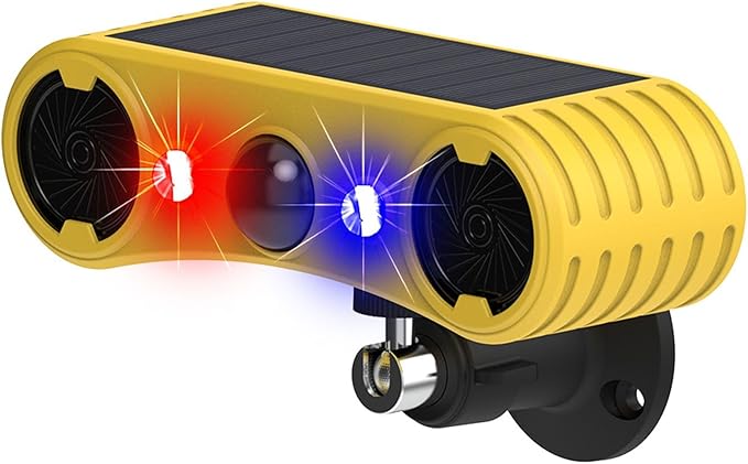 HULPPRE Solar Outdoor Motion Sensor Alarm-13 Sounds Including Dog Barking&Gunshot,2 * 130db Loud Noise Maker,4 Modes,Red&Blue Motion Activated Strobe Light,Say Goodbye to The Intruders