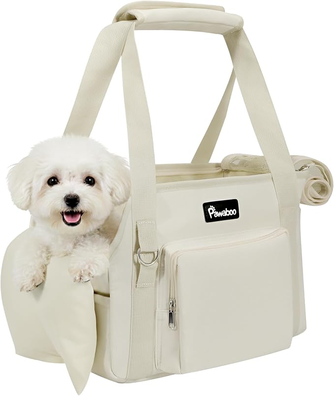Pawaboo Dog Purse Carrier for Small,Under 9 Lbs | Large Pockets,Safety Leash,Soft Cushion,Breathable Mesh Window,Lightweight Travel,Beige