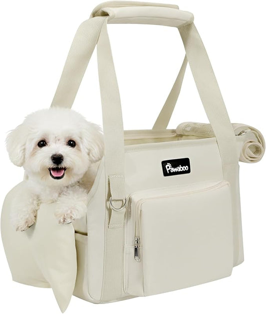 Pawaboo Dog Purse Carrier for Small,Under 9 Lbs | Large Pockets,Safety Leash,Soft Cushion,Breathable Mesh Window,Lightweight Travel,Beige