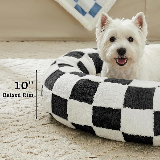 Ohocut Checkered Dog Bed, Cute Black White Retro Style Aesthetic Round Warming Pet Calming Beds for Small Dog and Cats, Plush Cozy Donut Dog Beds Washable, 30" L x 30" W x 8" Th