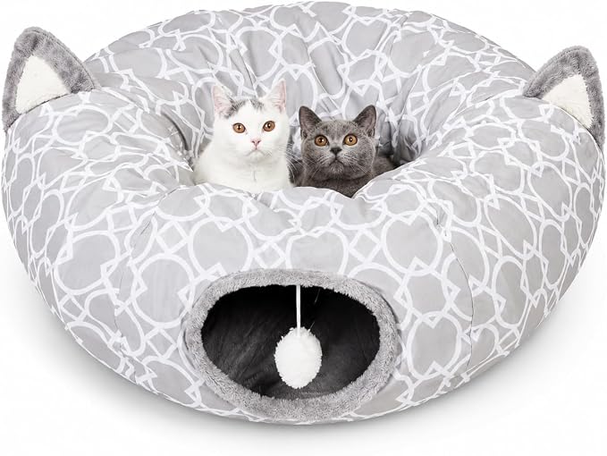 Geometric Cat Tunnel Bed Under Christmas Tree Oxford Outside with Plush Inside,Cats Toys Collapsible Tunnel Tube with Balls, for Rabbits, Kittens, Ferrets,Puppy 3FT