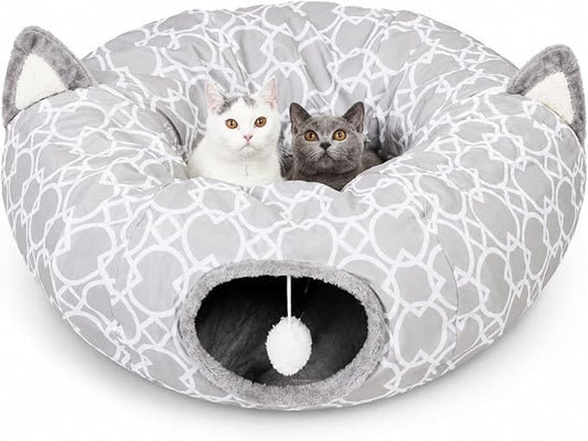 Geometric Cat Tunnel Bed Under Christmas Tree Oxford Outside with Plush Inside,Cats Toys Collapsible Tunnel Tube with Balls, for Rabbits, Kittens, Ferrets,Puppy 3FT