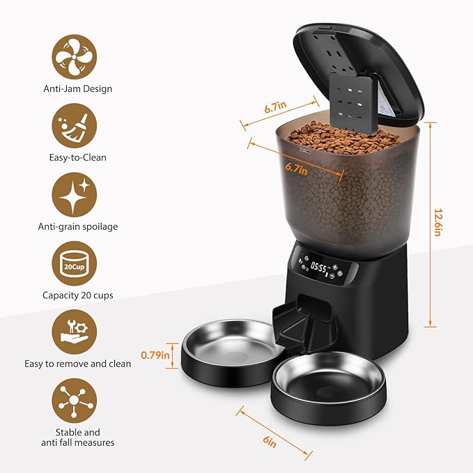 Automatic Cat Feeders for Two Cats, 5L/20 Cups Double Automatic Cat Food Dispenser with 2 Stainless Bowls, Timer Setting 20 Portions 6 Meals Per Day, 10s Meal Call (Black)