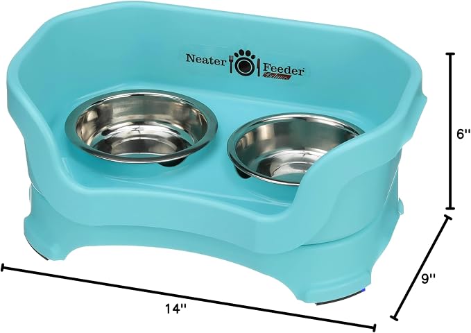 Neater Pet Brands Neater Feeder Deluxe Mess Proof Cat Bowls Elevated, Made in USA, No Spill Raised Bowls for Indoor Cats, Stainless Steel Food and Water Bowl Set, Pet Dish Feeding Station, Aquamarine