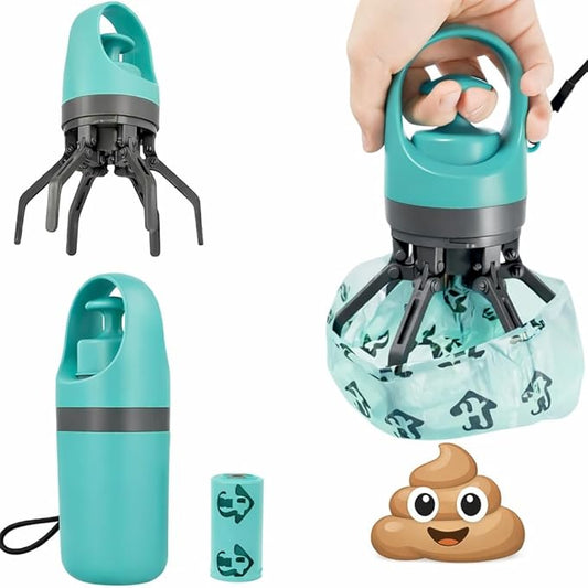 Dog Pooper Scooper, Portable No-Touch Waste Picker with Built-in Bag Dispenser (1 Roll 15 Count), One-Handed Claw Grabber with Wrist Lanyard, Leak-Proof Odor-Control Storage, for Small & Medium Dogs