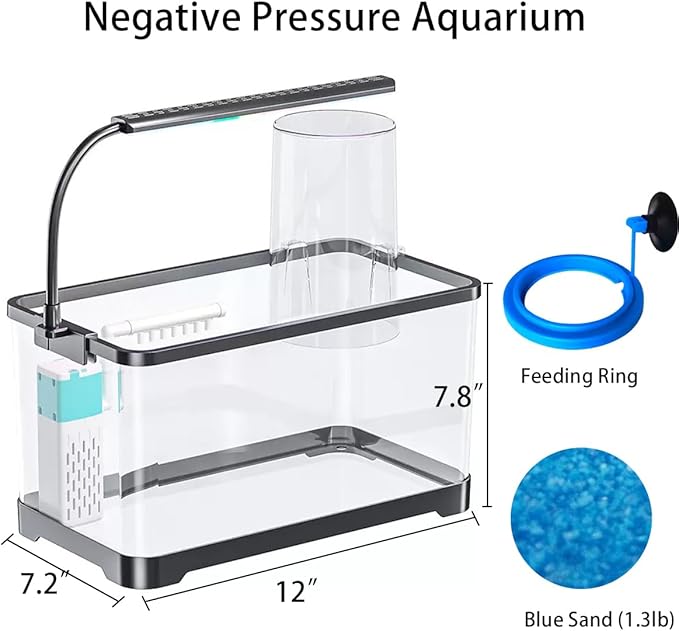 Negative Pressure Aquarium Fish Tank Kit, 3 Gallon Betta Fish Tank Starter Kit with Light and Filter, Blue Sand, Small Tropical Fish, Guppies, Goldfish, or Betta