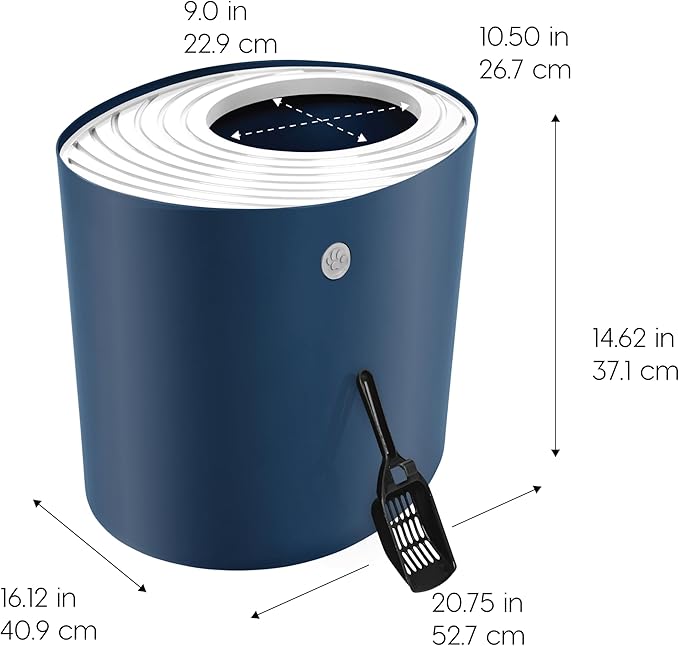 IRIS USA Cat Litter Box Large Top Entry with Lid Enclosed Covered Hooded Design Litter Catching Scatter Shield Pan Dog Proof Pet Proof Scoop Included Odor Control for Indoor Cats Kittens, Navy/White