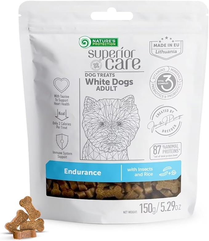 Nature's Protection Low Calorie Dog Treats - Functional Treats for Endurance, Training Treats for Small, Medium & Large Breed Adult Dogs with Light Fur (Superior Care - Insects & Rice, 5.29 oz)