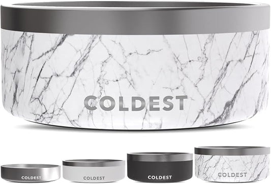 Coldest Dog Bowl - Anti Rust Metal, Non Slip, 3 Layers Insulated Stainless Steel Dog Bowls - Spill Proof & Heavy Duty - Water Bowl for Dogs, Cats & Pets, Dish Washer Safe (100 oz, Carrara Marble)