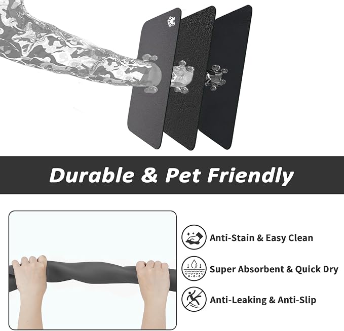 HotLive Dog Food Mat - Absorbent Cat Mat for Food and Water, No Stains Pet Feeding Bowl Mat, Easy to Clean Pet Placemats, Quick Dry Dog Water Dispenser Mat for Messy Drinkers | Paw Dark Grey 16"x 24"