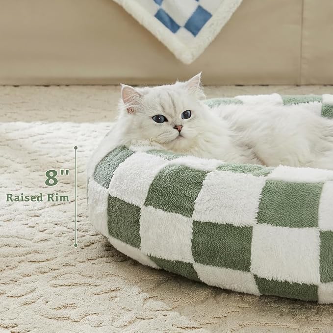 Ohocut Checkered Cat Dog Bed, Cute Sage Green Retro Style Aesthetic Round Warming Pet Calming Beds for Small Dog and Cats, Plush Cozy Donut Beds Washable, 23" L x 23" W x 8" Th