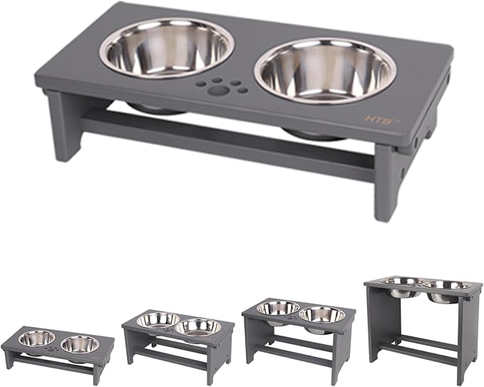 HTB Elevated Dog Bowl Stand with 2 Stainless Steel Bowls-4" H Small Grey | Raised Dog Bowl Stand, 4"tall, 21 Oz Bowls, for Small Sized Dogs, Pet-safe, Solid Bamboo